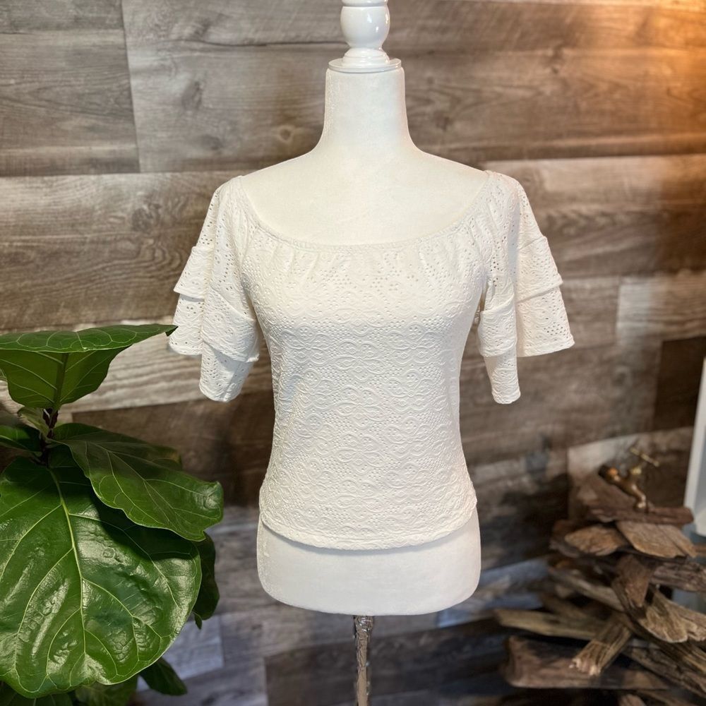White eyelet contoured top  with tiered bell sleeves - S